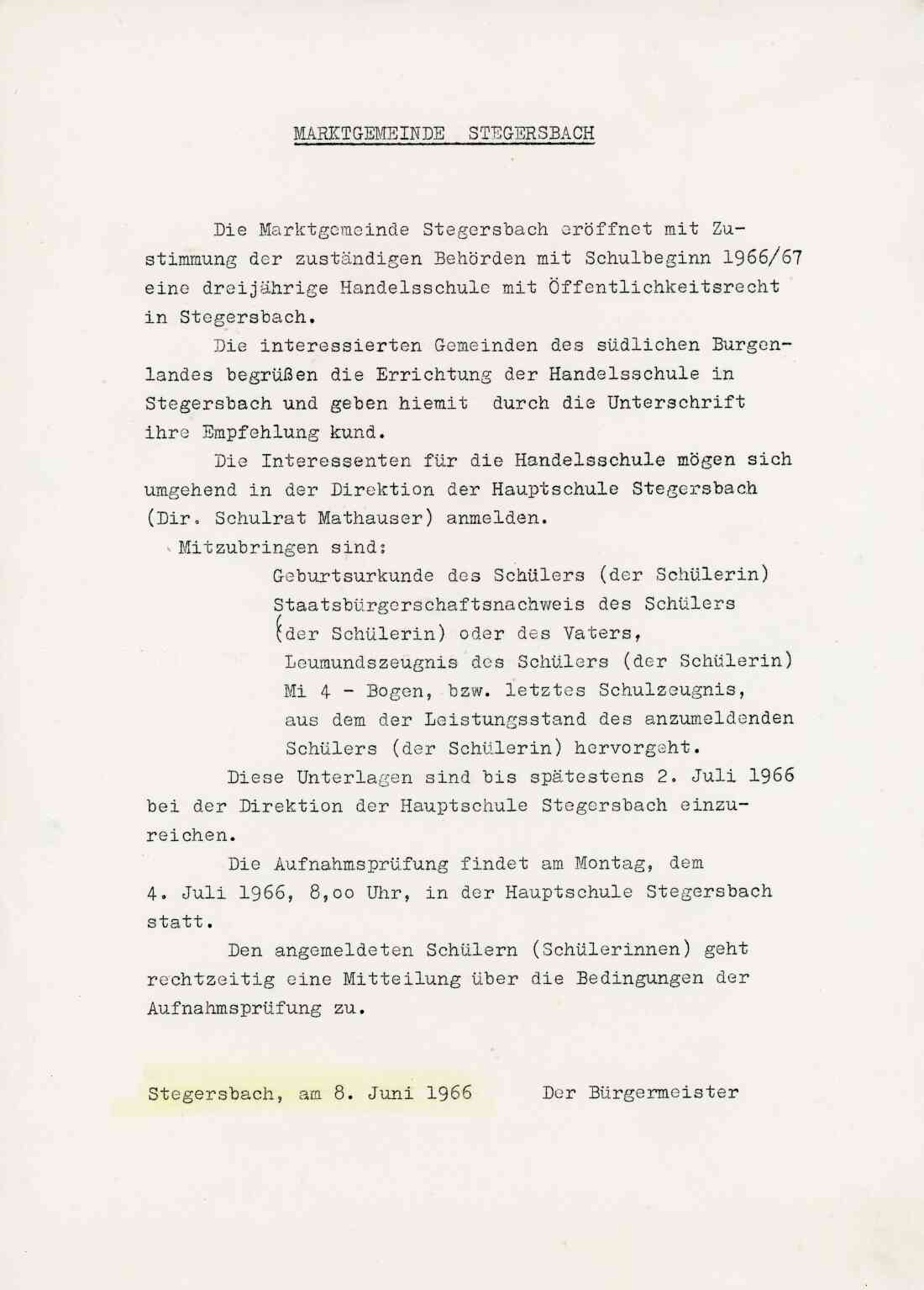 Rundschreiben der Marktgemeinde Stegersbach für die Anmeldung und die Aufnahmeprüfung der Handelsschule mit Schulbeginn 1966/67