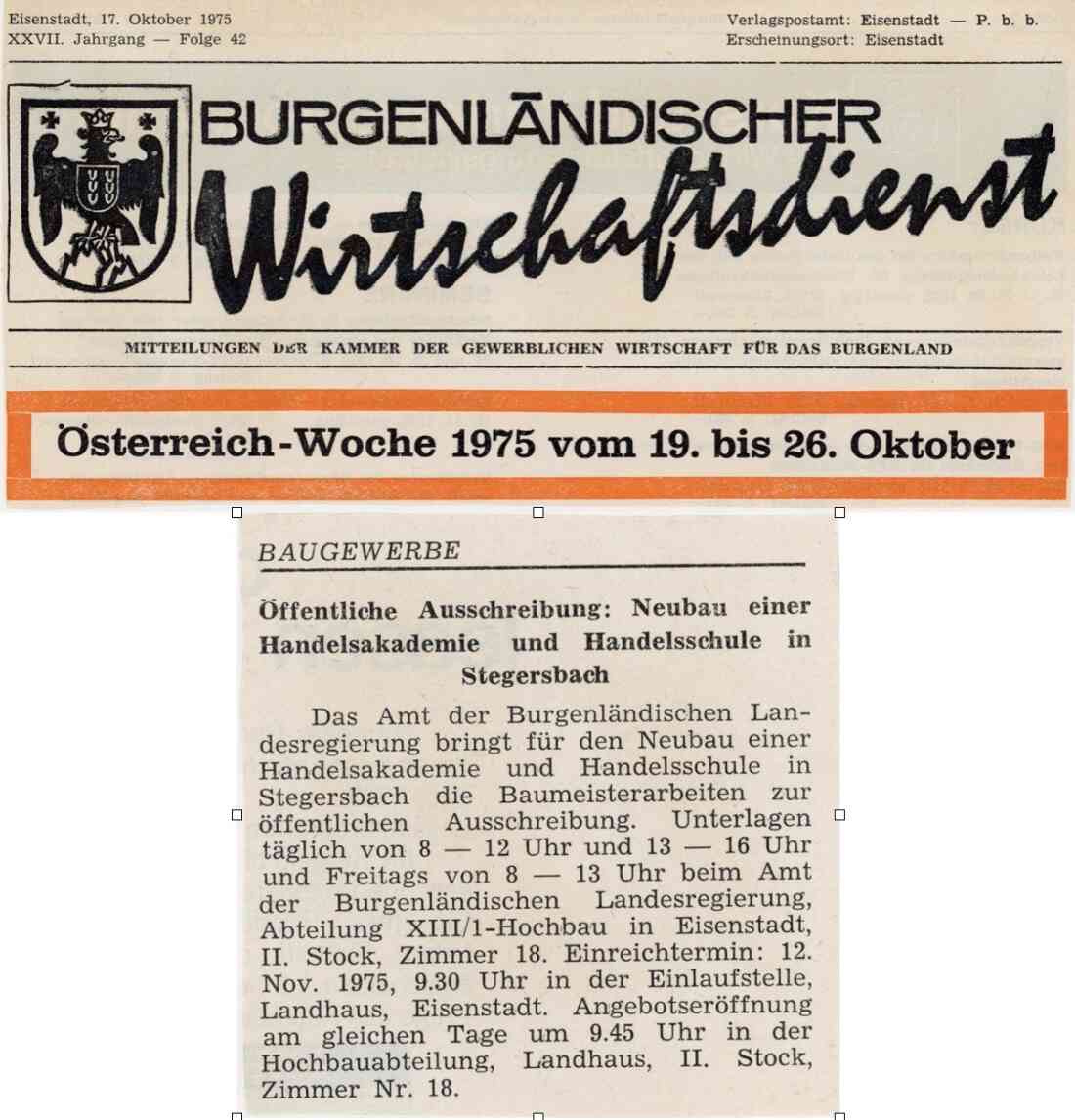 Zeitungsartikel des Burgenländindischer Wirtschaftsdienst zur öffentlichen Ausschreibung für den Neubau der Handelsakademie und Handelsschule am 17. Oktober 1975