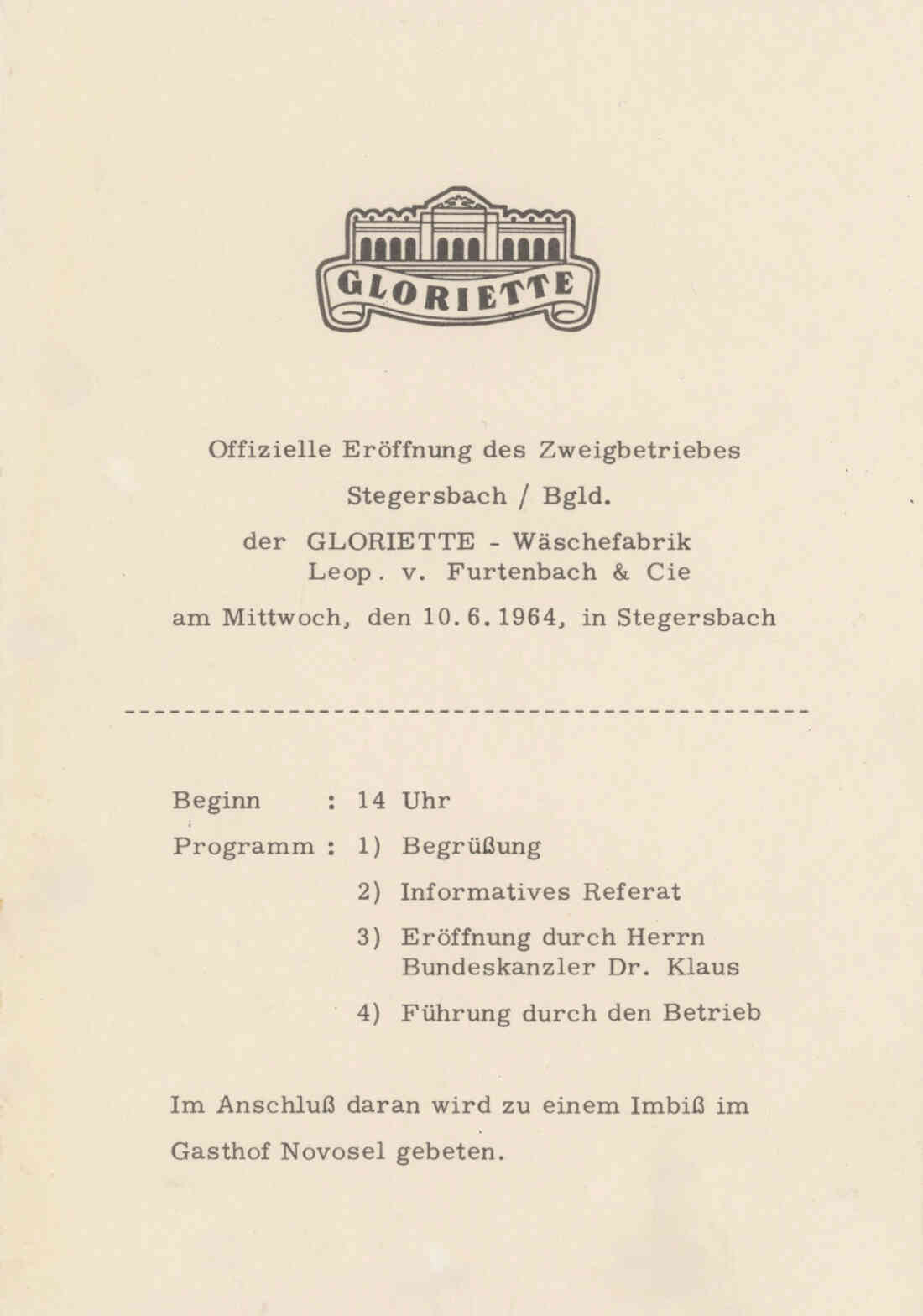 Einladung zur offizielle Eröffnung des Zweigbetriebes der Firma Gloriette in Stegersach am 10.06.1964 Seite 2