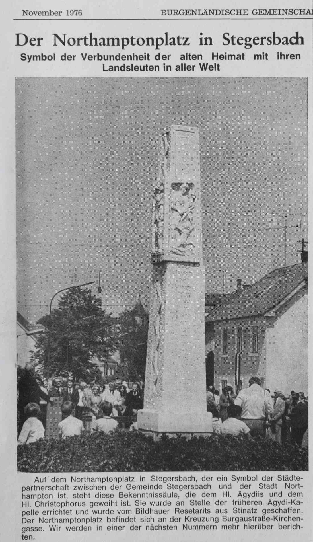 Zeitungsartikel der Burgenländischen Gemeinschaft im November 1976 über den Northamptonplatz