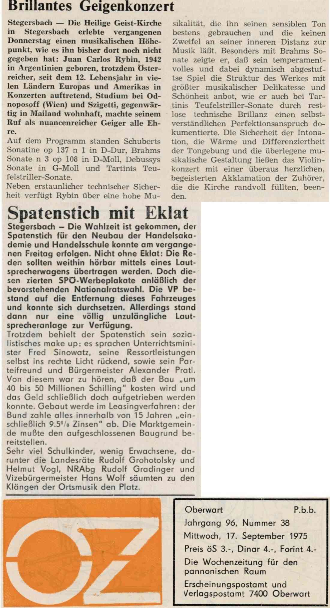 Zeitungsartikel der OZ vom 17. September 1975 zum Spatenstich für den Neubau der Handelsakademie und Handelsschule am 12.09.1975