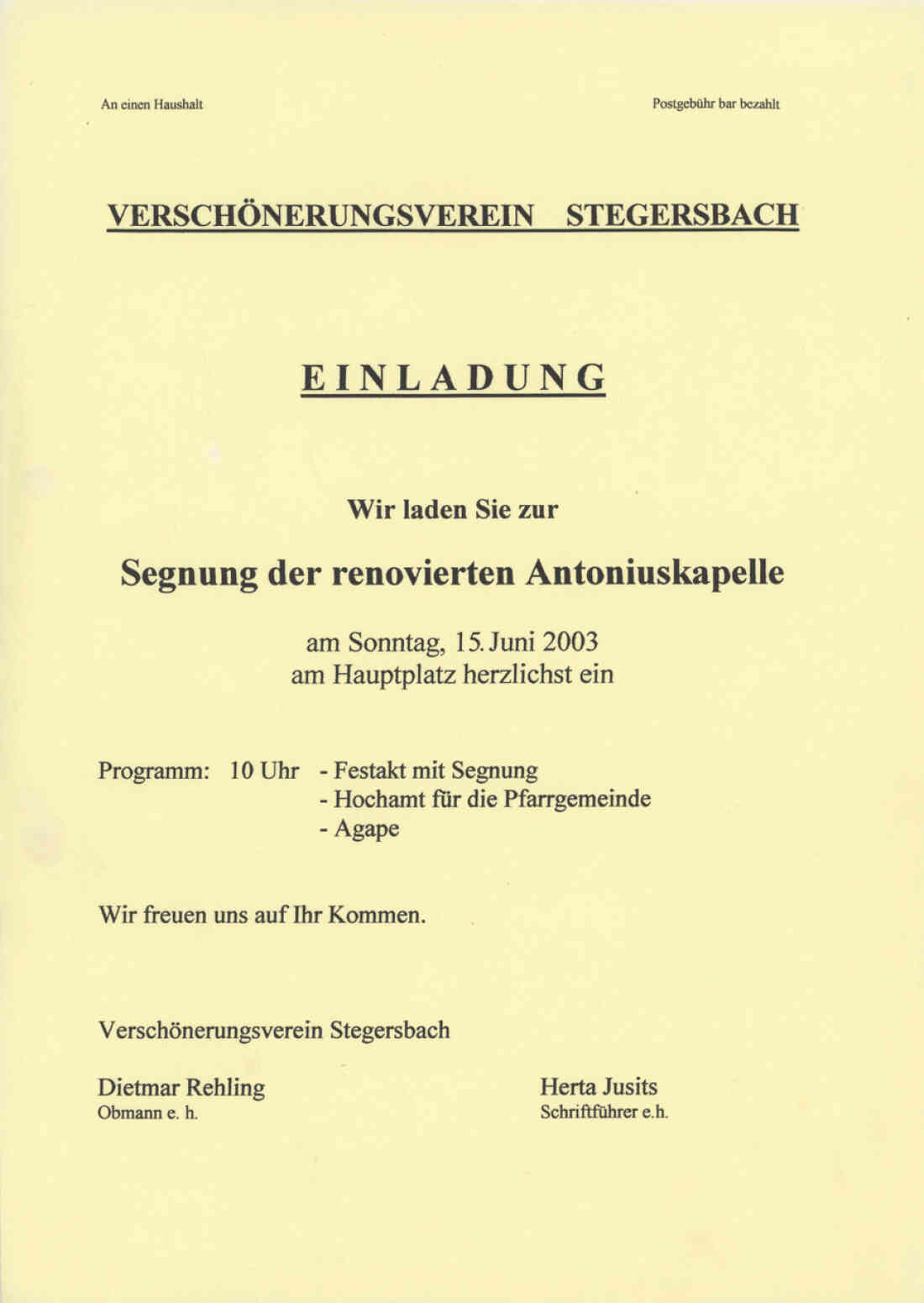 Einladung zur Segnung der renovierten Antoniuskapelle am 15. Juni 2003 Verschönerungsverein Stegersbach