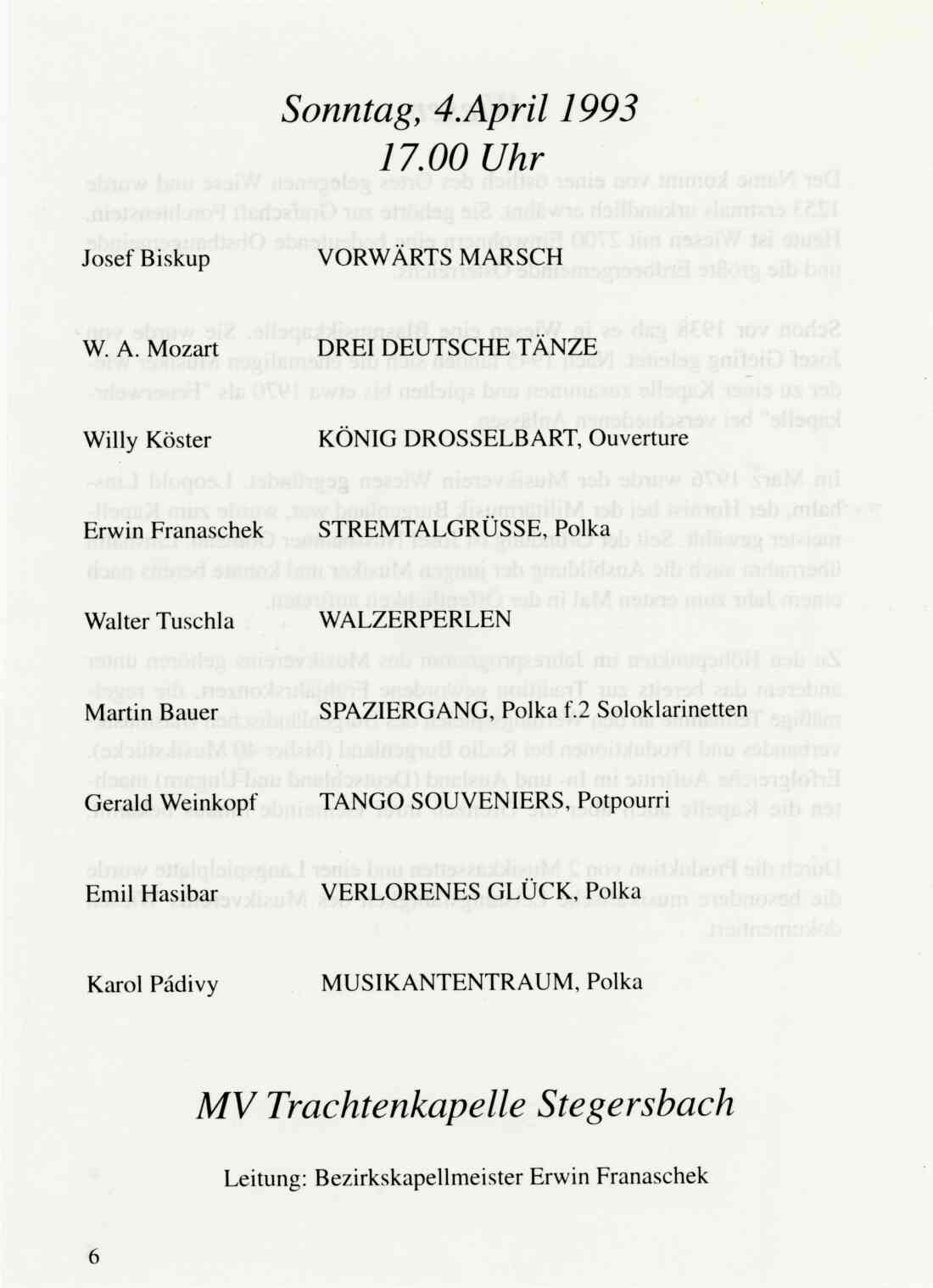 Musikverein Stegersbach, Einladung Blasmusik im Funkhaus des  ORF Radio Burgenland am 04. April 1993