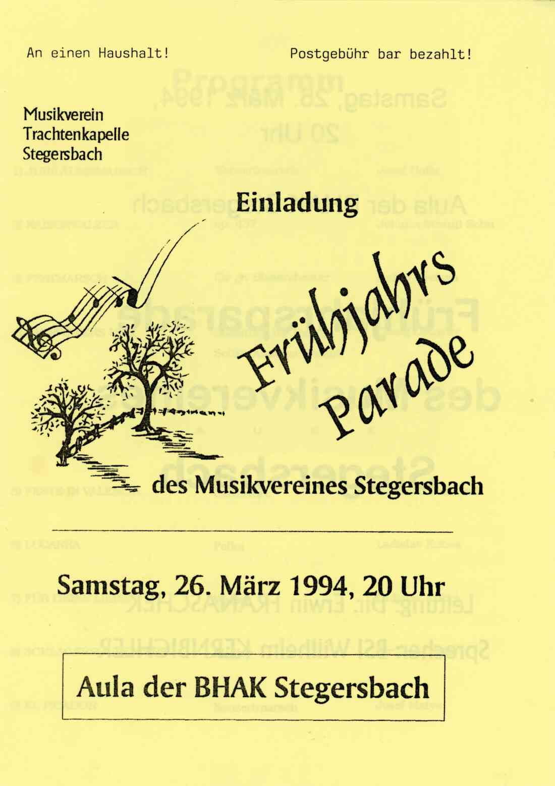 Musikverein Stegersbach, Einladung zu Frühjahrsparade am 26. März 1994