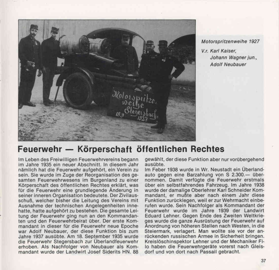 Freiwillige Feuerwehr Stegersbach 100 Jahre 1879 - 1979 Broschüre Seite 37