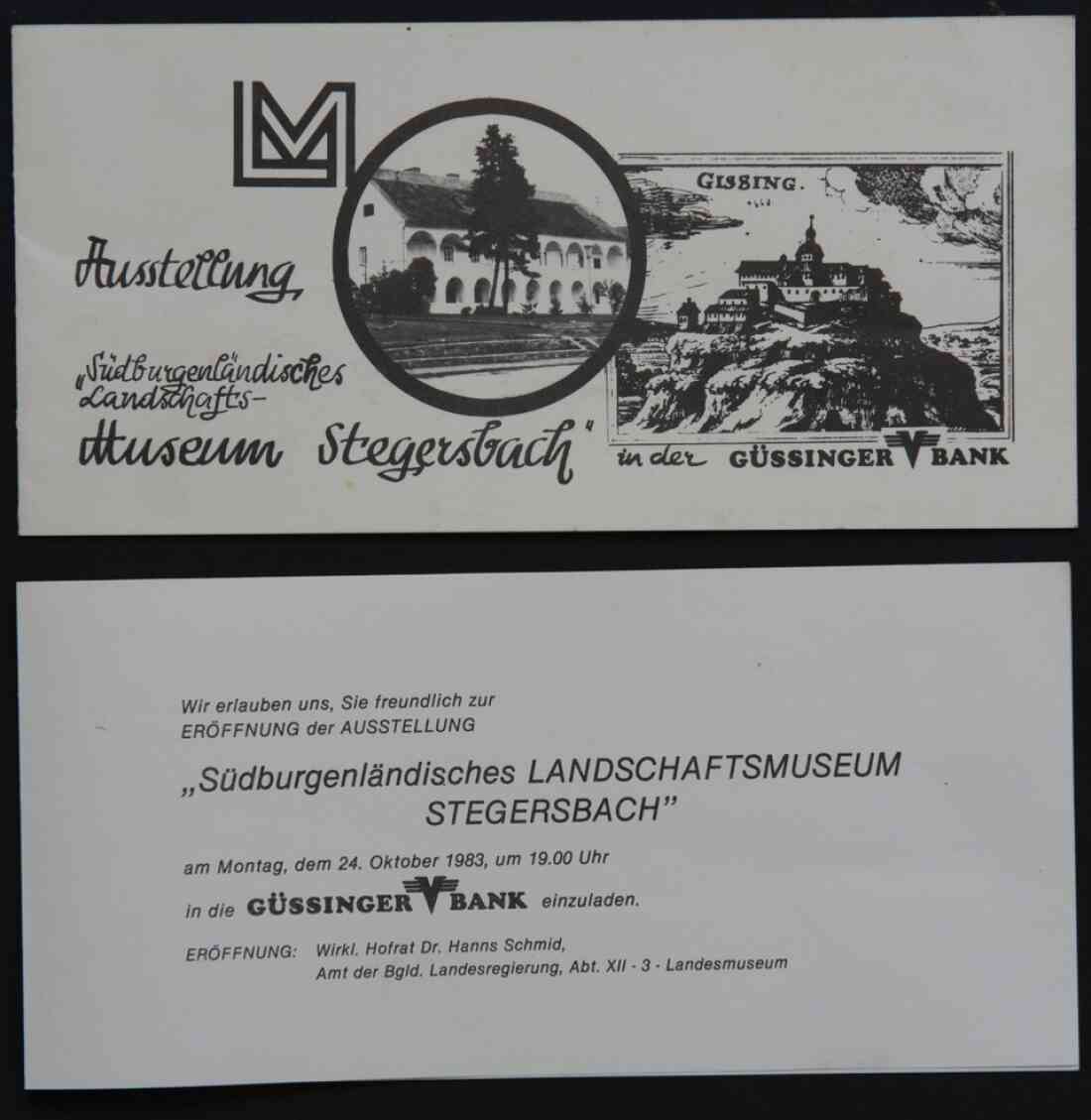 Einladung zur Austellungseröffnung im Südburgenländisches Landschaftsmuseum Stegersbach vom 24. Oktober 1983