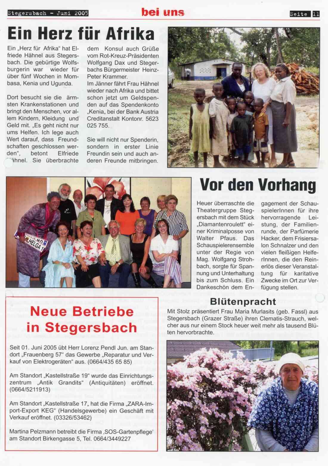 Zeitungsartikel der bei uns, verschiedene Artikel über Ereignisse in Stegersbach vom Juni 2005