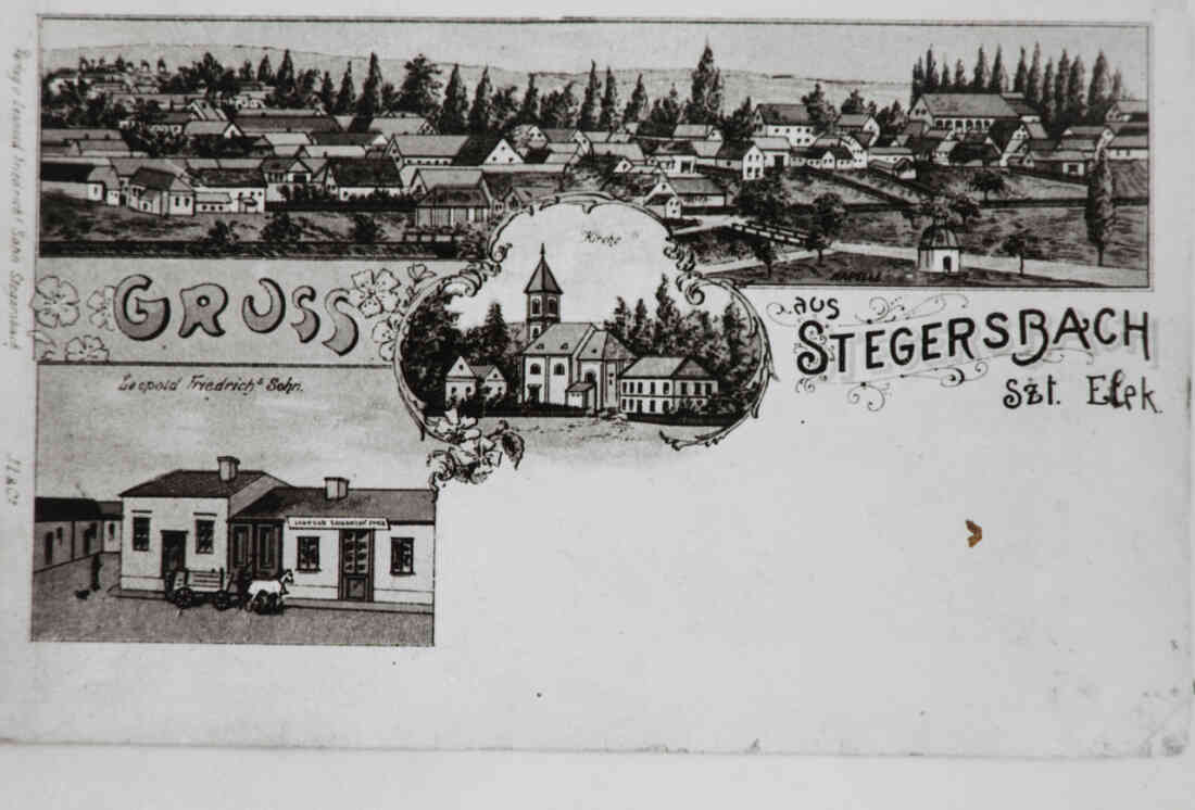 Gruss aus Stegersbach, Szt. Elek, Ortsansicht, Kirche, Volksschule, Geschäft Leopold Friedrich's Sohn