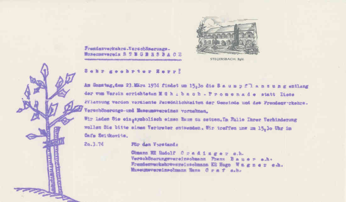 Mühlbach Promenade Birkenbaumpflanzung am 23.03.1974, von dem Verchönerungsverein Stegersbach, Einladung, Bild 9