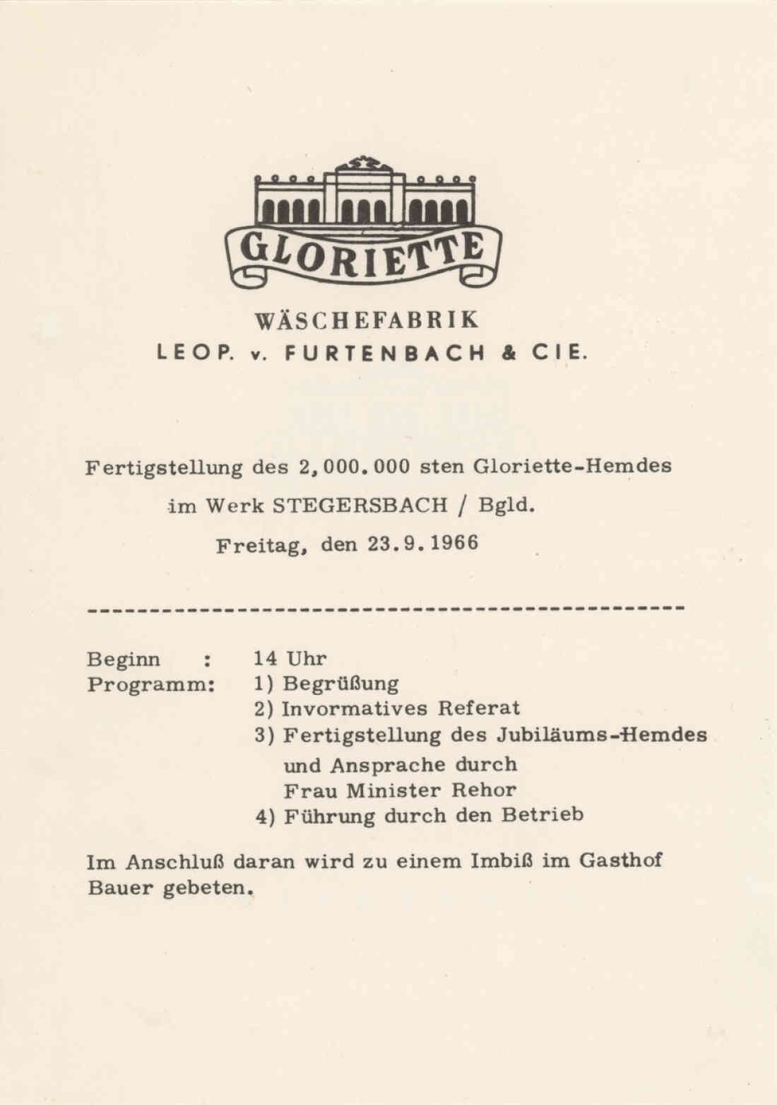 Einladung zur Feier der Fertigstellung des 2.000 Hemdes in der Firma Gloriette in Stegersbach am 23.09.1966 Seite 2