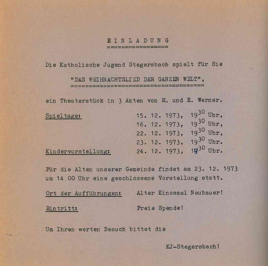 Katholische Jugend Theater "Das Weihnachtslied der ganzen Welt" im Dezember 1973