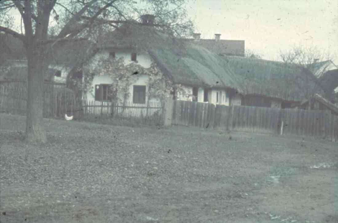 Strohgedecktes Haus, wahrscheinlich in der Vorstadt