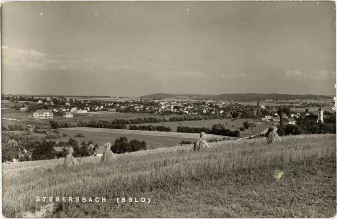 Stegersbach (Burgenland), Ortsansicht mit Südobst Genossenschaft, Volksschule,Kirche und dem Ortskern