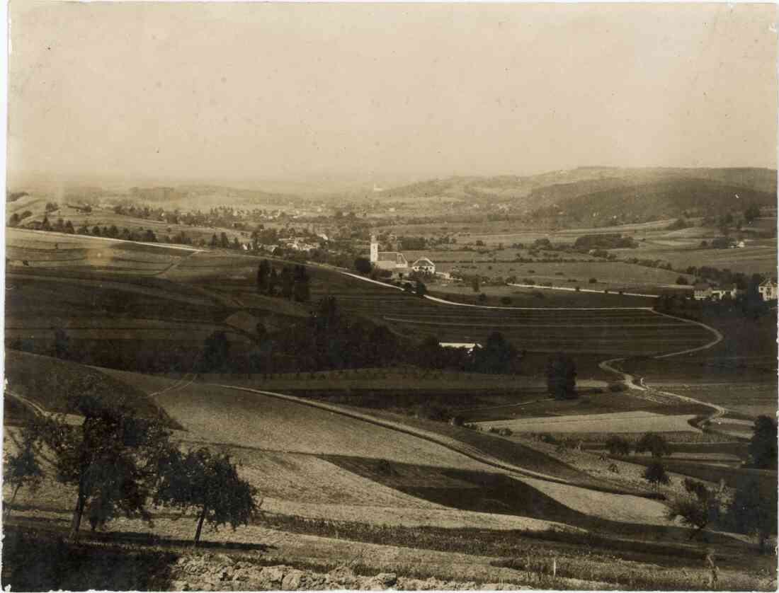 Panoramablick auf Stegersbach mit Kirche und Volksschule