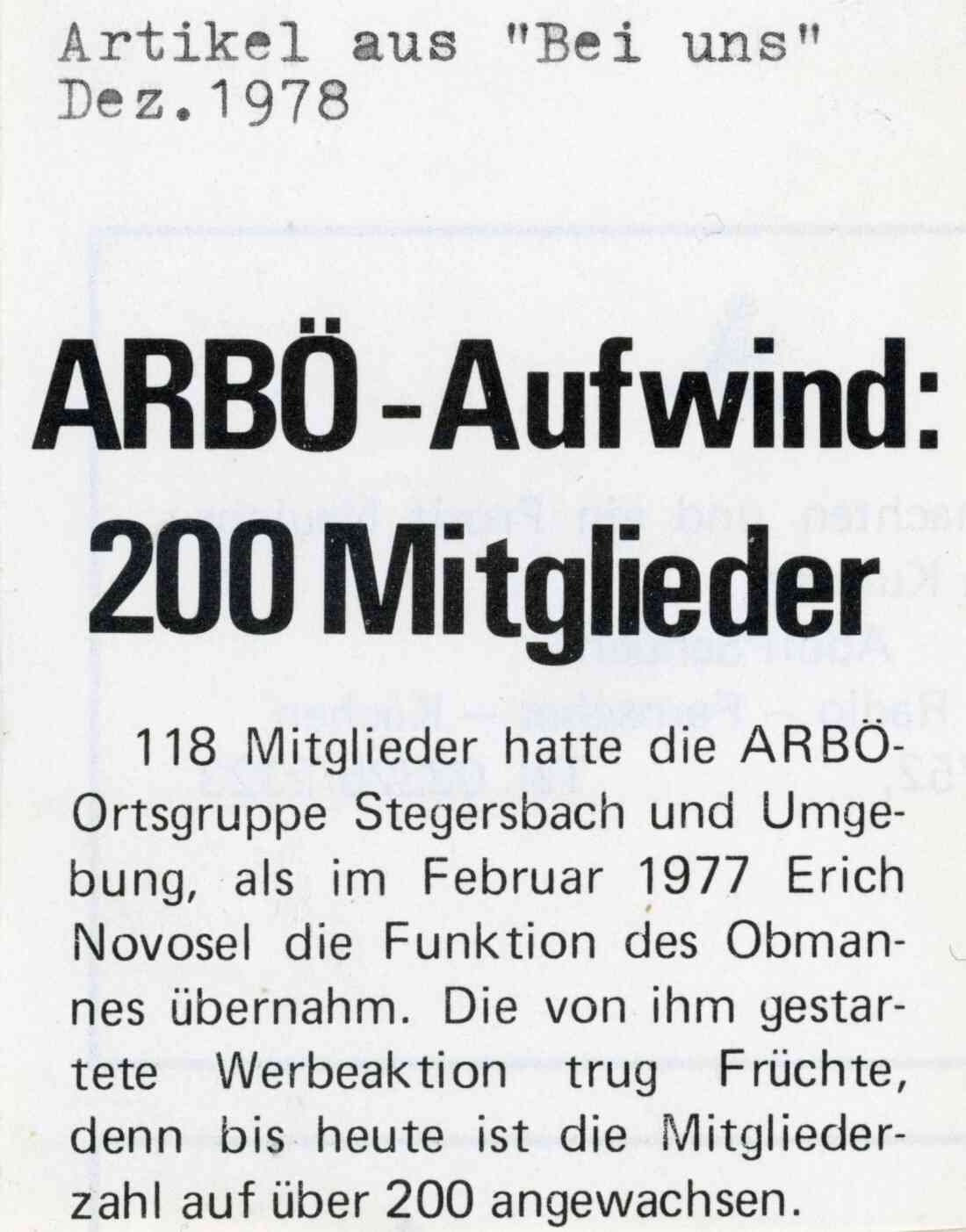 Zeitungsartikel über ARBÖ Mitglieder in "Bei uns" vom Dezember 1978