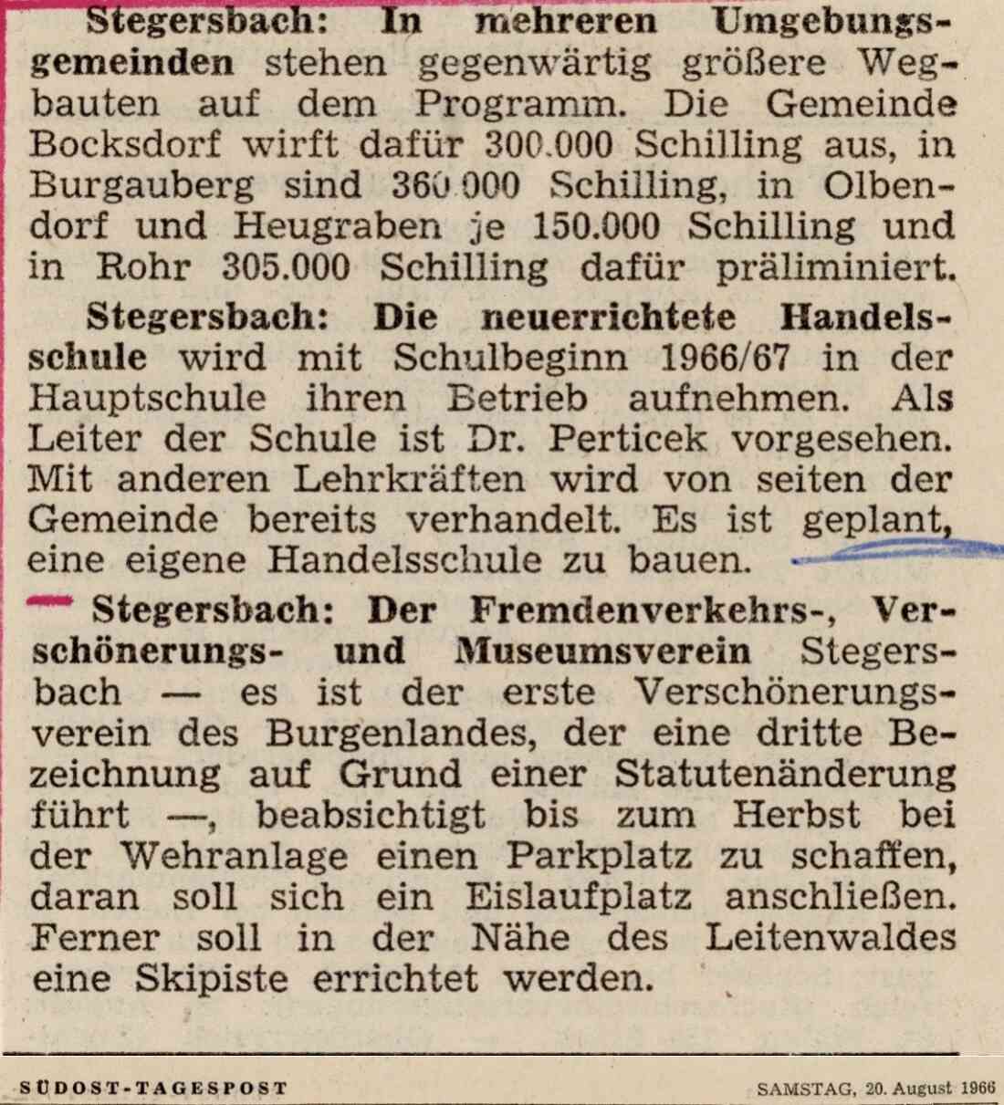 Zeitungsartikel der SÜDOST - TAGESPOST zur neuerrichteten Handelsschule vom 20. August 1966