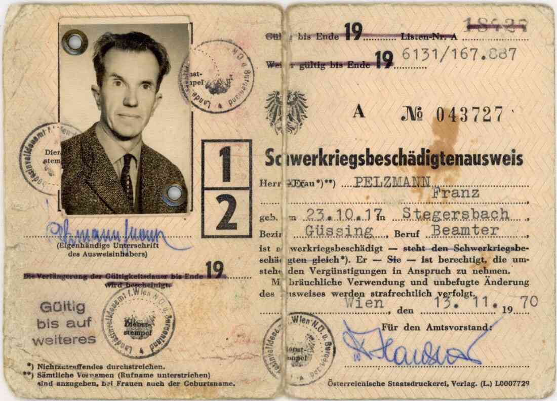 Schwerkriegsbeschädigtenausweis für Franz Pelzmann vom 13.11.1970, Vorderseite