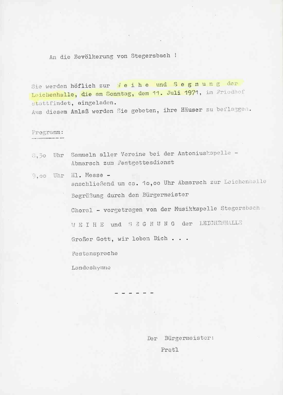 Einladung zur Weihe und Segnung der Leichenhalle am 11. Juli 1971