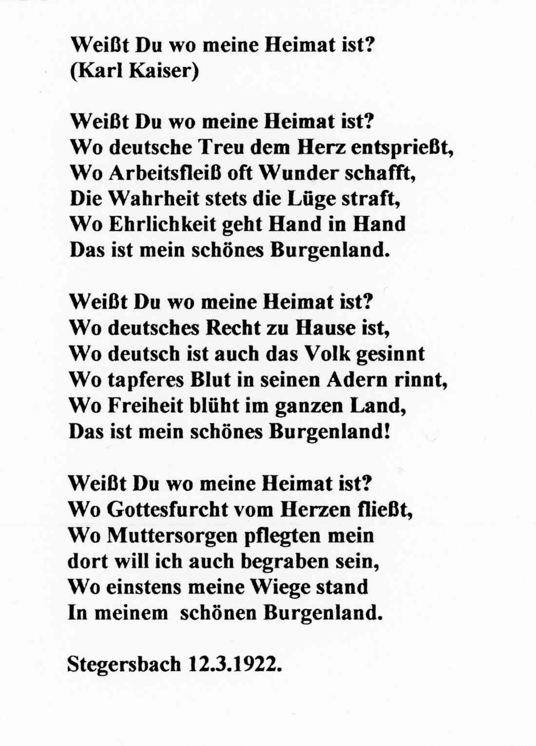 Weißt Du wo meine Heimat ist ? von Karl Kaiser Stegersbach am 12.03.1922