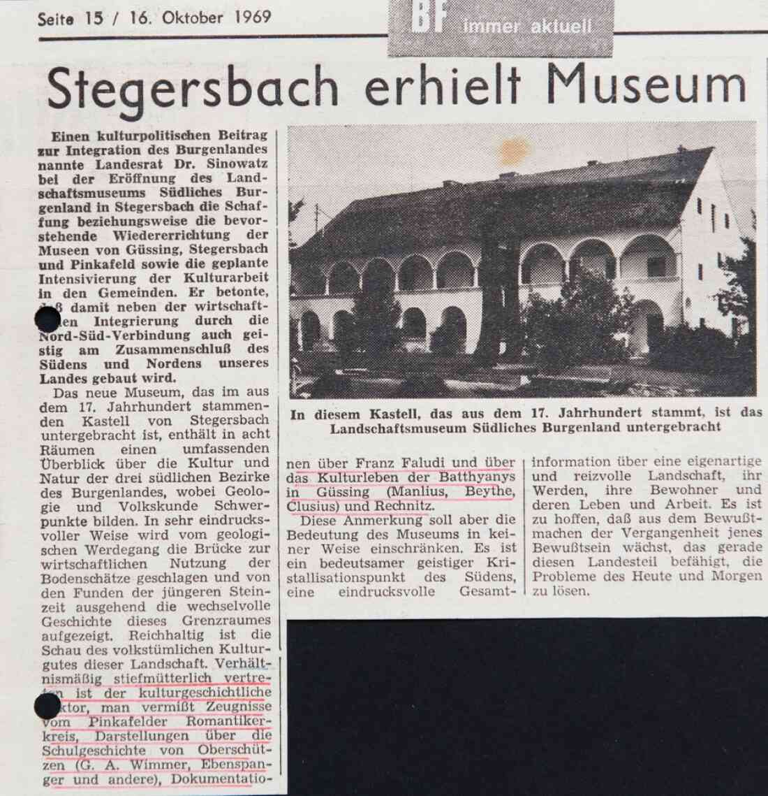Zeitungsartikel in der BF vom 16. Oktober 1969 Südburgenländisches Landschaftsmuseum am Sparkassenplatz 2