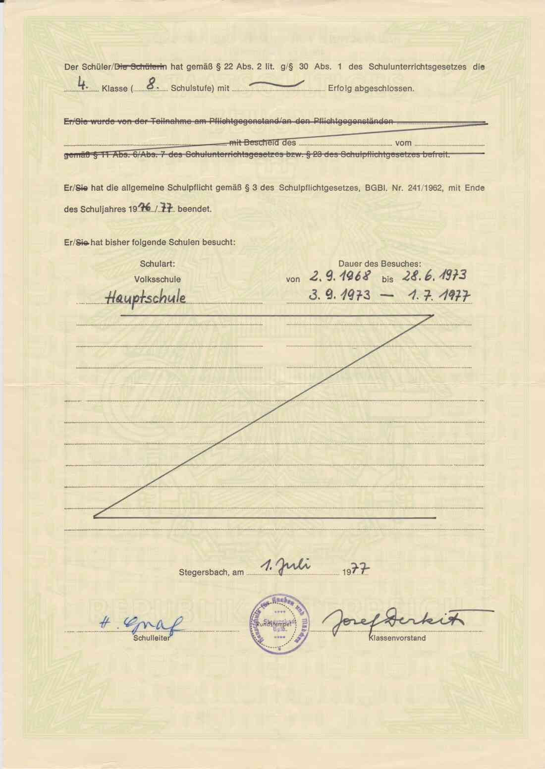 Abschlußzeugnis der Hauptschule von Andreas Pelzmann, Rückseite