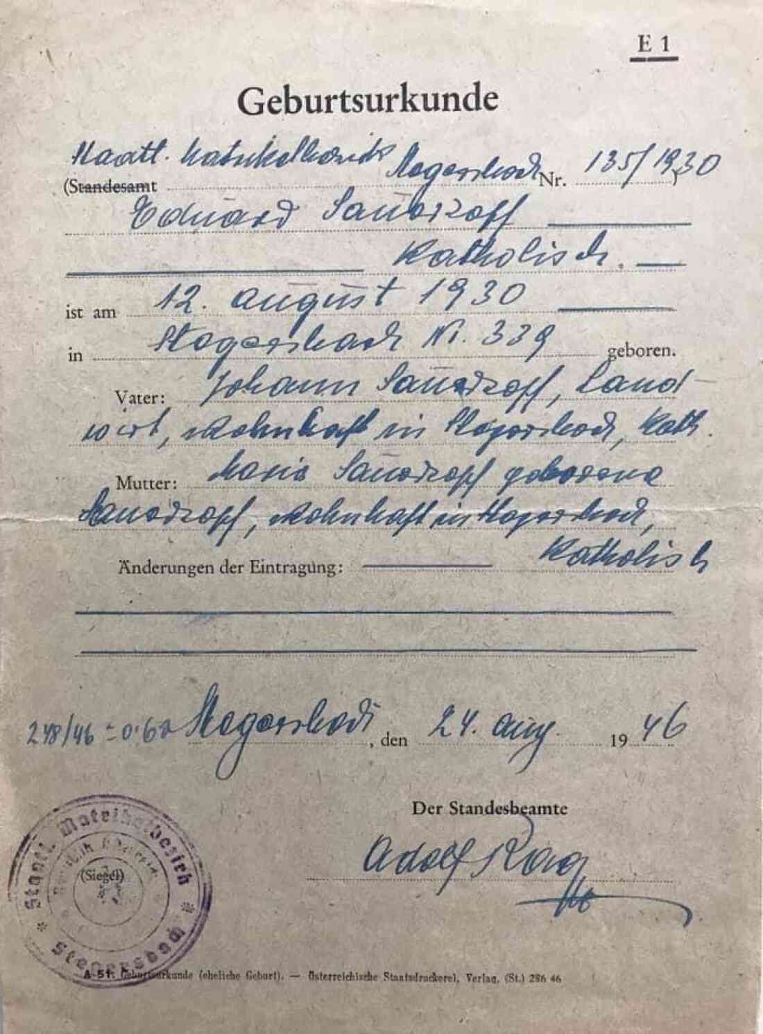 Geburtsurkunde von Eduard Sauerzopf, geboren am 12. August 1930 in Stegersbach, Hausnummer 339