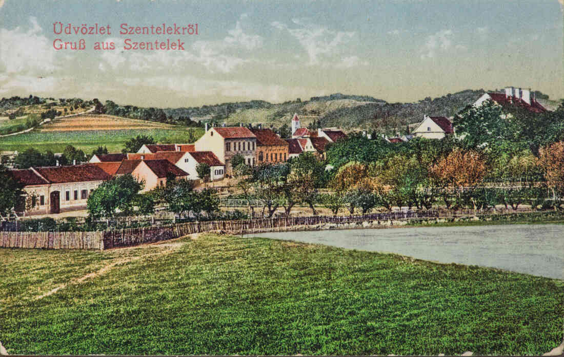 Üdvözlet Szentelekröl, Gruß aus Szentelek, Gruss aus Stegersbach, Blick von Meierhof, Hauptstraße, Kastell und ehemaligen Museum, Kirche