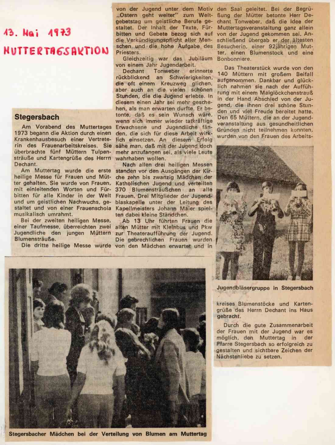 Zeitungsartikel über die Katholische Jugend, Muttertagsfeier am 13. Mai 1973