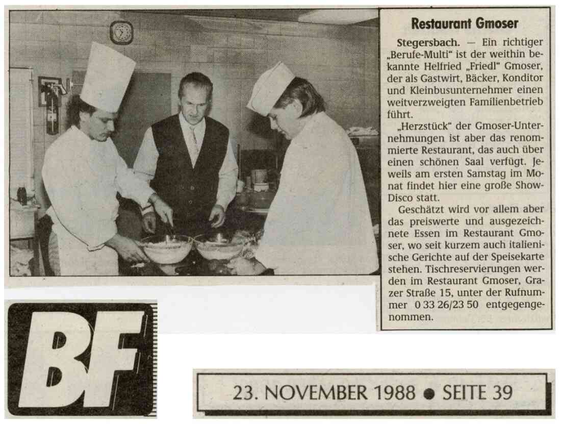 Zeitungsartikel BF vom 23. November 1988, Cafe Restaurant Gmoser,  oder besser bekannt unter "Der Friedl"