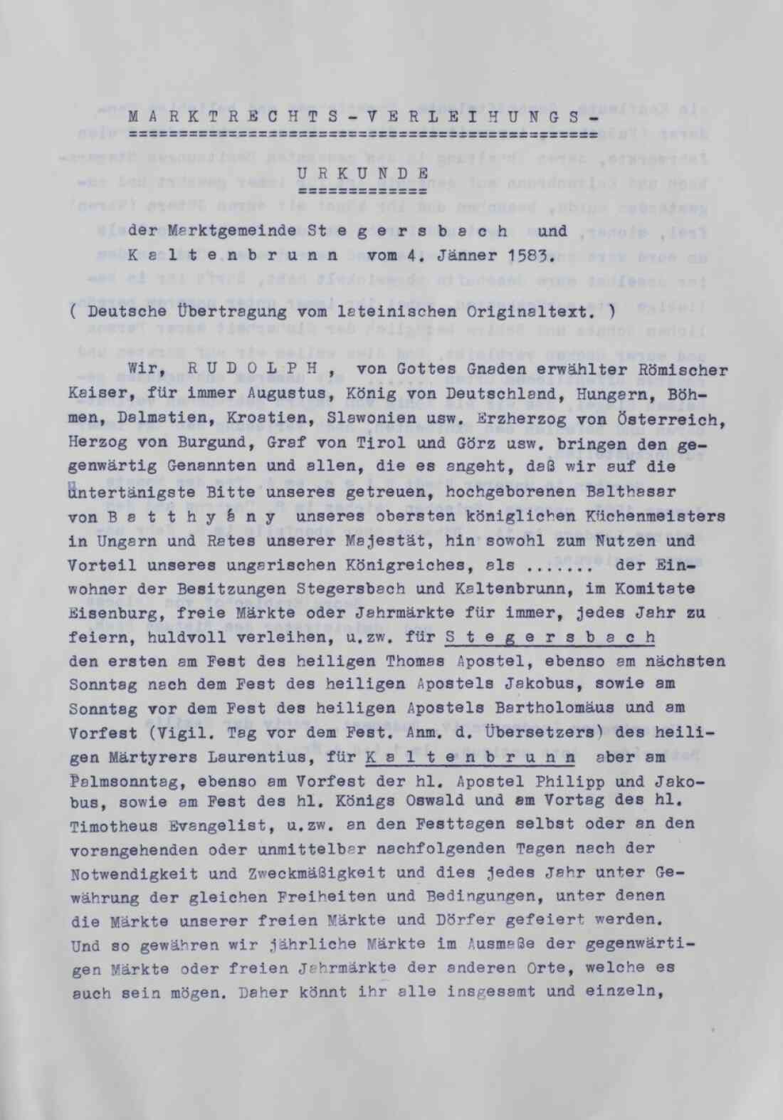 Abschrift der Marktrechts - Verleihungs - Urkunde der Marktgemeinde Stegersbach und Kaltenbrunn vom 04. Jänner 1583, Seite 1 in Deutsch