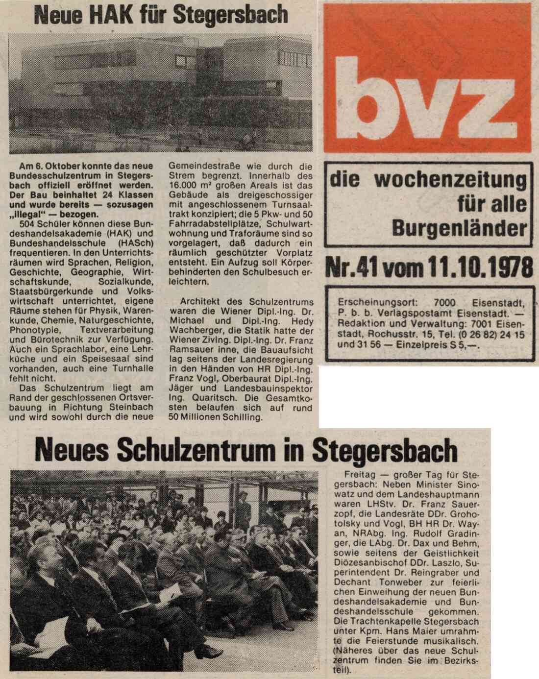 Zeitungsartikel der bvz zum neuen Schulzentrum in Stegersbach am 11. Oktober 1978