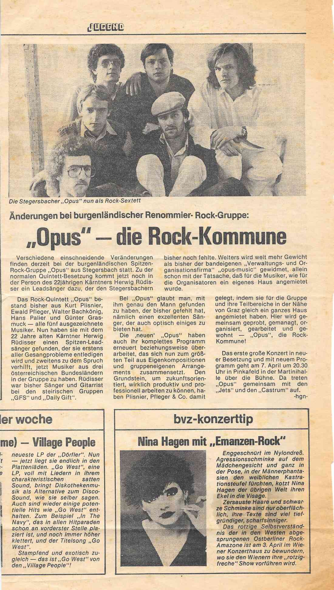 Opus das Rock Sextett, ein Zeitungsartikel in der BVZ