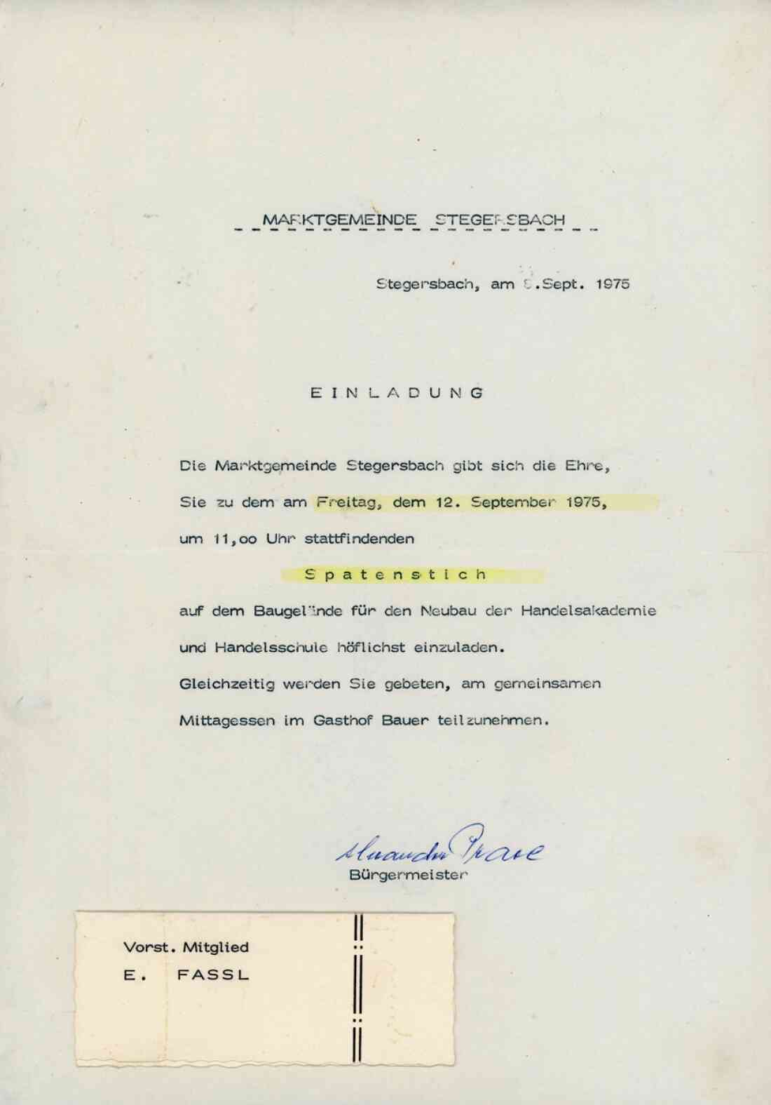 Spatenstich für den Neubau der Handelsakademie und Handelsschule am 12.09.1975, Postwurfsendung der Marktgemeinde Stegersbach