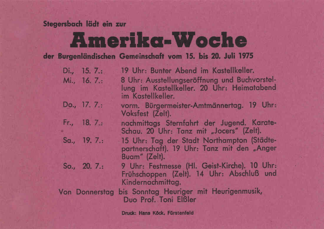 Festprogramm Amerika - Woche 1975, vom Fremdenverkehr - Verschönerungs - und Museumverein Stegersbach