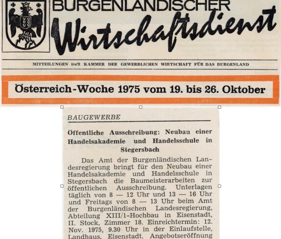 Zeitungsartikel des Burgenländindischer Wirtschaftsdienst zur öffentlichen Ausschreibung für den Neubau der Handelsakademie und Handelsschule am 17. Oktober 1975