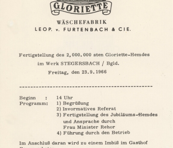 Einladung zur Feier der Fertigstellung des 2.000 Hemdes in der Firma Gloriette in Stegersbach am 23.09.1966 Seite 2