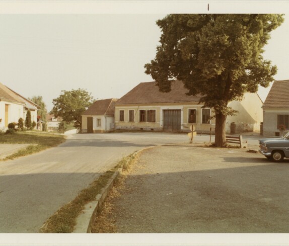 Das Wagner Haus, Hausnummer 75, heute die Vorstadt, im August 1971, kurz vor dem Abbruch und dem Lindenbaum auf dem Parkplatz des Arbeitsamts