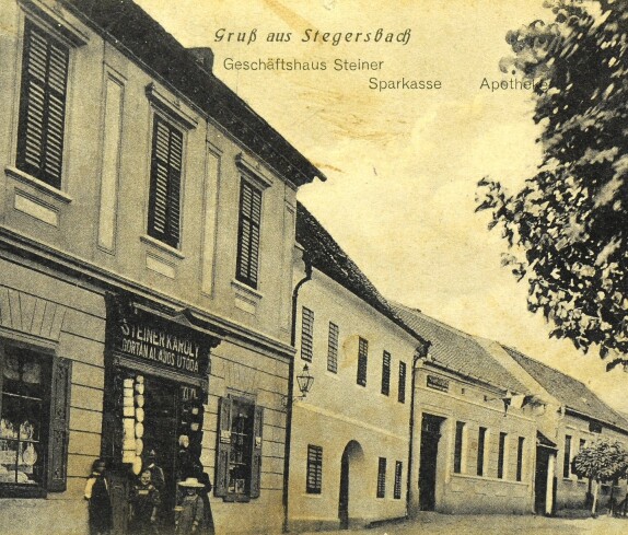 Gruß aus Stegersbach, Geschäftshaus Steiner, Sparkasse, Apotheke in der Herrengasse