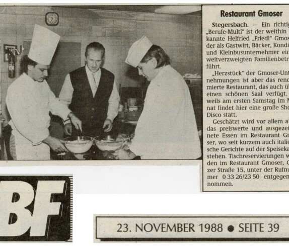 Zeitungsartikel BF vom 23. November 1988, Cafe Restaurant Gmoser,  oder besser bekannt unter "Der Friedl"