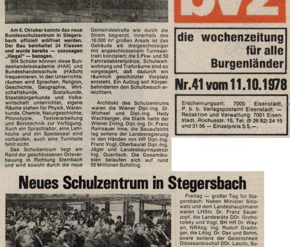 Zeitungsartikel der bvz zum neuen Schulzentrum in Stegersbach am 11. Oktober 1978