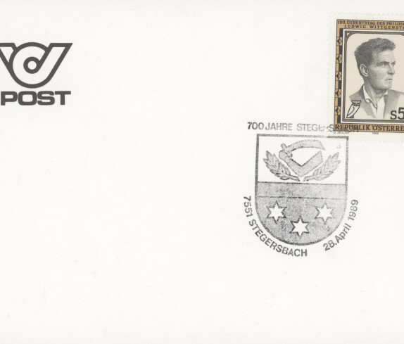 Sonderbriefmarke zum 100. Geburtstag des Philosphen Ludwig Wittgenstein und eine Postkarte mit Sonderstempel zur 700 Jahre Feier von Stegersbach Feier vom 28. April 1989