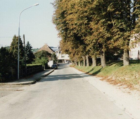Kastellstraße oder Promenadenweg, die Hauptschule und Musikschule, die Allee, die Häuser der Familien Schneider und Csar und der Baustoffhandel Bauer am 27.04.1999