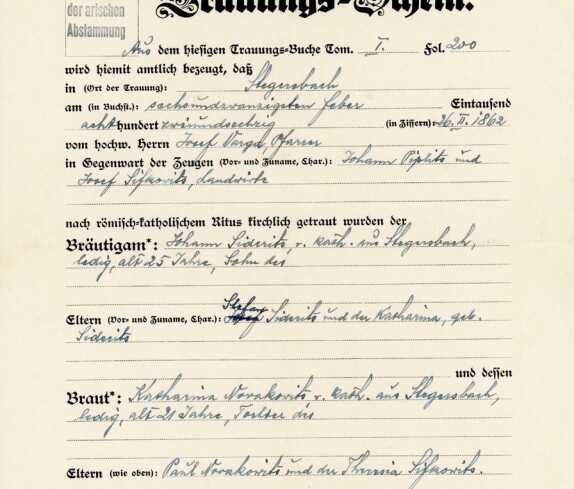 Trauungsschein von Katharina Novakovits und Johann Siderits vom 14 Jänner 1939