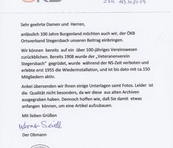 Kameradschaftsverein Stegersbach Rundschreiben Seite 1