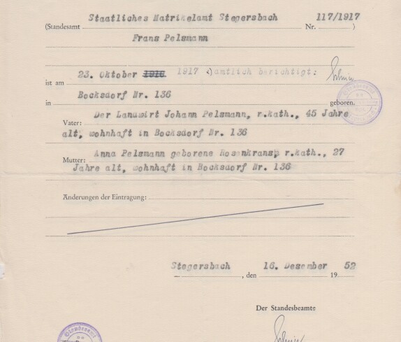 Geburtsurkunde Franz Pelzmann