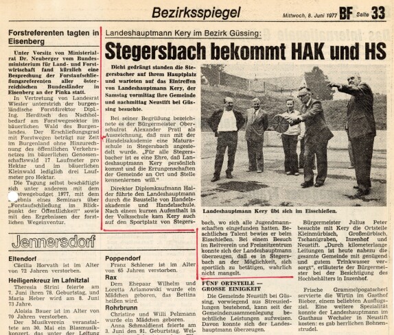 Zeitungsartikel der BF, Stegersbach bekommt Handelsakademie und Handelsschule am 08. Juni 1977