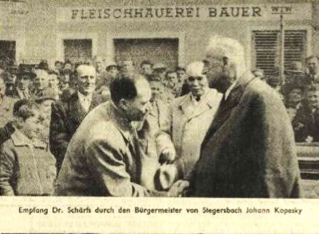 Bgm. Kopesky begrüßt den SPÖ-Kandidten zur Bundespräsidentschaftswahl 1957 Dr. Adolf Schärf