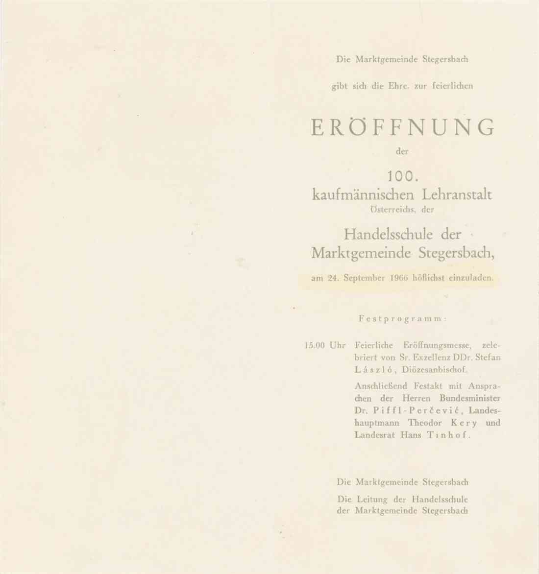 Einladung zur Eröffnung der Handelsschule am 24. September 1966, Innenseite