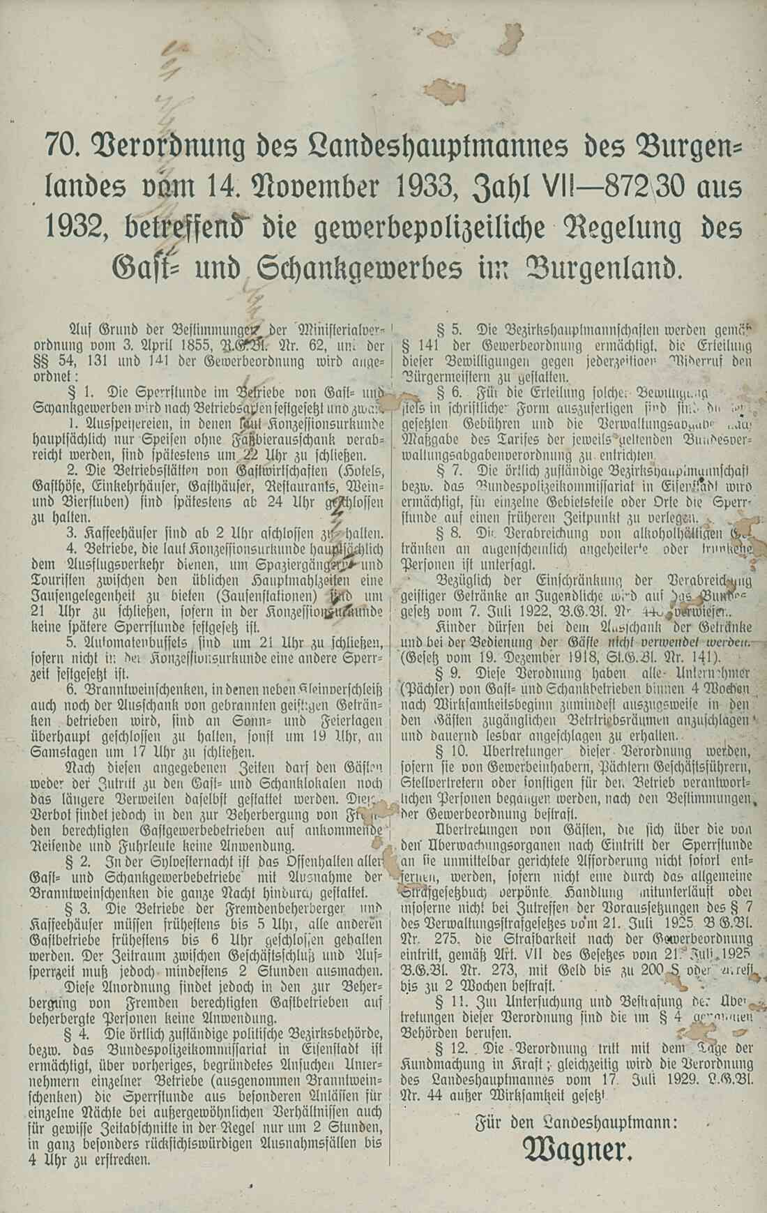 Verordnung vom 14. November 1933, betreffend die gewerblichepolizeiliche Regelung des Gast und - Schankgewerbes, vom Gasthaus Novosel