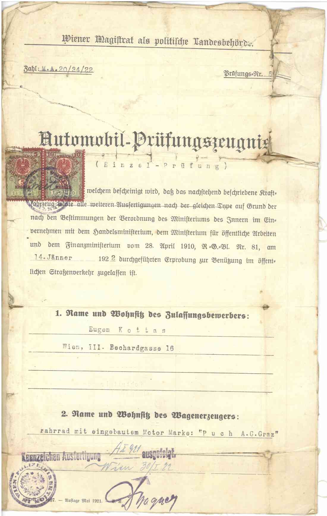 Automobil - Prüfungszeugnis (Einzel - Prüfung) für Eugen Kottas, eines Fahrrad mit eingebautem Motor Marke Puch, vom 18. Jänner 1922, Seite 1